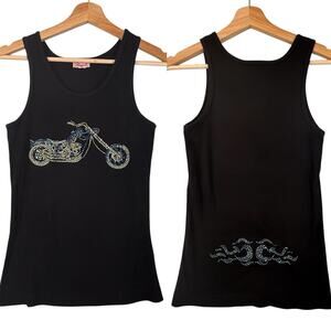 VTG Black Ribbed Tank RHINESTONE Motorcycle TrampStamp SIZE LARGE Raquel Biker